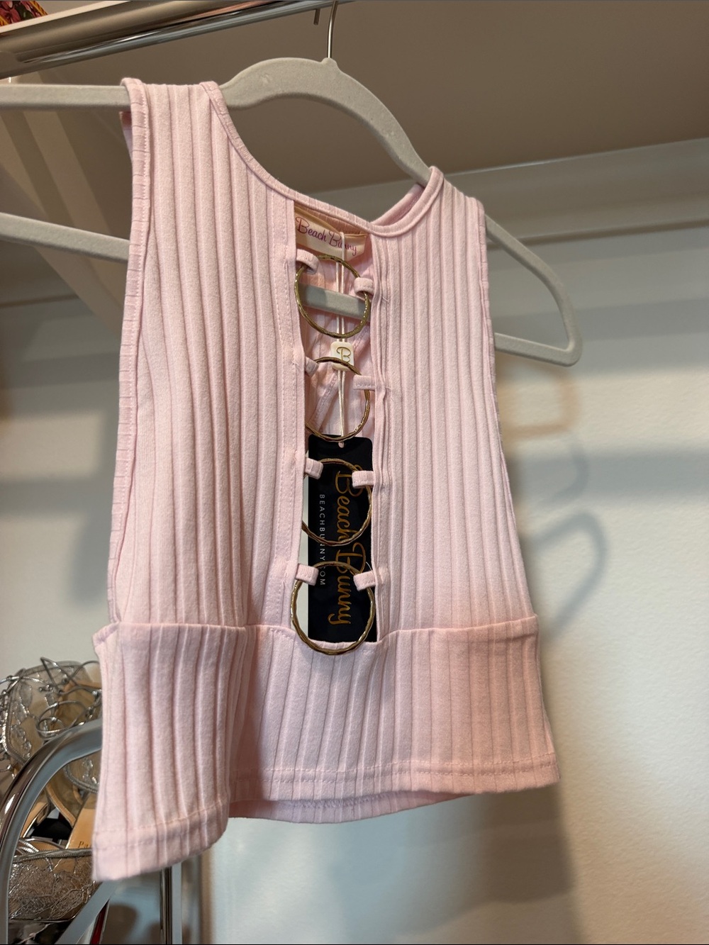 Beach Bunny Light Pink Ribbed Lace-Up Crop Top with Gold Hardware
